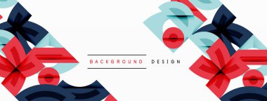 Soyut geometrik desen. Kırmızı, mavi, açık mavi şekiller üst üste biner. Arkaplan ve afişler için modern tasarım ögesi.