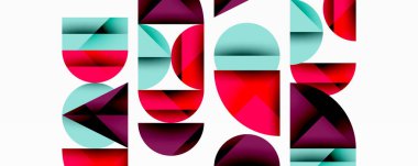 Soyut geometrik bileşim. Şekiller örtüşüyor, canlı renk blokları oluşturuyor. Minimalist tasarım, serin ve sıcak tonlarda. Modern estetik.