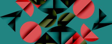 Soyut geometrik bileşim. Şekiller örtüşüyor, dinamik görsel ilgi yaratıyor. Kırmızı, deniz mavisi, zeytin renkleri dizaynda baskın. Minimalist estetik.