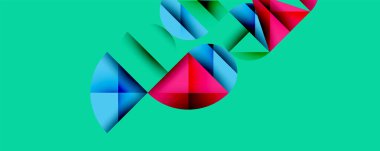 Soyut geometrik şekiller, canlı renkler, deniz mavisi arkaplanı. Modern tasarım, dinamik kompozisyon, görsel elementler.