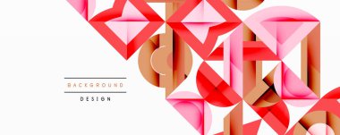Soyut geometrik şekiller örtüşür, dinamik görsel doku oluşturur. Pembe, kırmızı, altın tonlar beyaz alana hakim. Modern tasarım ögesi.