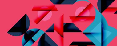 Soyut geometrik bileşim. Şekiller örtüşüyor, canlı bir görsel ilgi yaratıyor. Kırmızı, mavi, turkuaz baskın tasarım. Modern estetik.