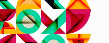 Renkli şekillerin rakamlar oluşturduğu soyut geometrik tasarım. Parlak pembe, deniz mavisi, turuncu, sarı renkler kompozisyona hakim. Modern estetik.