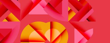 Soyut geometrik bileşim. Kırmızı, turuncu renkler baskın. Şekiller örtüşür ve dinamik görsel doku yaratır. Modern tasarım elemanları.