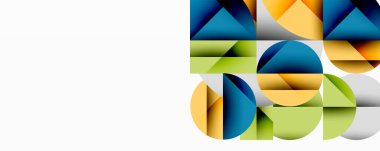 Soyut geometrik bileşim. Şekiller örtüşüyor, canlı renk blokları oluşturuyor. Modern tasarım, temiz çizgiler, minimalist estetik.