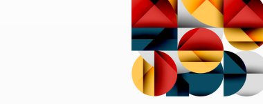 Soyut geometrik bileşim. Şekiller örtüşüyor, dinamik görsel ilgi yaratıyor. Kırmızı, sarı, deniz mavisi baskın palet. Modern tasarım.