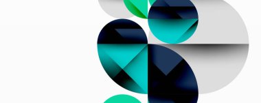 Soyut geometrik şekiller örtüşür, dinamik bileşim yaratır. Teal, donanma, beyaz renkler tasarımda baskın. Minimalist estetik.