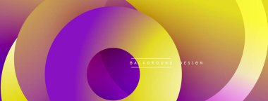 Canlı katmanlı daireler dinamik görsel efekt yaratır. Sarılar, morlar düzgün bir şekilde harmanlanarak soyut bileşim oluşturur. Modern tasarım ögesi.