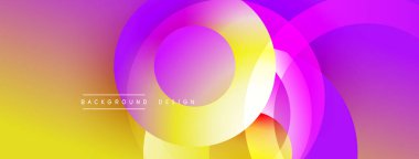 Soyut, enerjik bir arkaplan. Üst üste binen daireler dinamik renkli akış yaratır. Sarı, pembe, mor renkler tasarımda baskın. Modern estetik.
