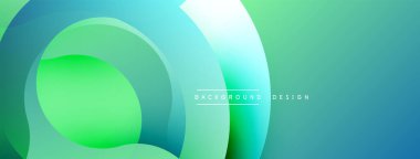 Soyut tasarım özellikleri üst üste biniyor. Gradyan gölgeler derinlik yaratır, canlı deniz mavisi, yeşil renkler kompozisyona hakim olur. Modern estetik.