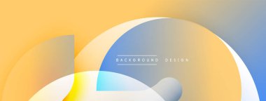 Soyut tasarım özellikleri üst üste binen şekiller, gradyanlar. Renkler sarı, mavi, turuncu. Modern estetik, basit kompozisyon.