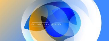 Soyut tasarım özellikleri üst üste binen daireler, gradyanlar. Mavi, altın, beyaz renkler dinamik görsel efekt yaratır. Modern, temiz estetik.