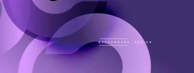 Soyut mor arkaplan. Üst üste binen şekiller dinamik akış yaratır, modern estetik. Gradyan etkileri olan minimalist tasarım.