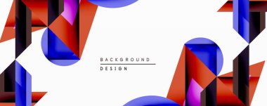 Soyut geometrik bileşim. Üst üste binen şekiller dinamik görsel efekt yaratır. Kırmızı, mavi, mor renkler beyaz alana hükmediyor. Arka planlar için modern tasarım ögesi.