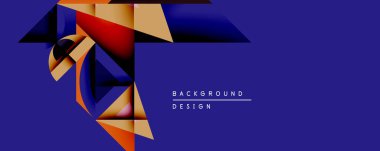 Soyut geometrik şekiller örtüşür, dinamik bileşim yaratır. Koyu mavi arkaplanlı, sıcak tonlarda kontrast. Modern tasarım enerjiyi, hareketi, görsel ilgiyi çağrıştırıyor.