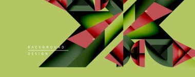 Soyut geometrik tasarım katmanlı şekiller içerir. Kırmızı, yeşil, siyah renkler soluk sarı arkaplan üzerinde dinamik kompozisyon oluşturur. Modern görsel element.