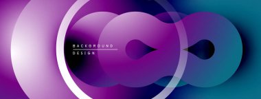 Soyut daireler örtüşüyor, canlı mor ve mavi renkler yaratıyor. Modern tasarım elementleri teknoloji ve yenilik öneriyor. Minimalist estetik.