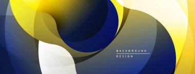 Soyut tasarım özellikleri üst üste binen daireler, gradyanlar. Renkler sarı, lacivert, beyaz, bej. Modern estetik, basit kompozisyon.