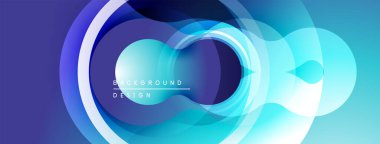 Soyut daireler, katmanlı şekiller dinamik mavi gradyan arkaplan oluşturur. Dijital projeler için modern tasarım ögesi.