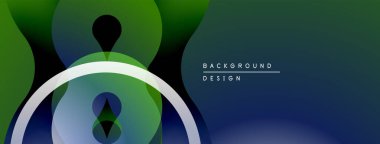 Soyut tasarım özellikleri üst üste binen yeşil, mavi şekiller. Beyaz yay, dinamik görsel öğe ekler. Modern, minimalist estetik.