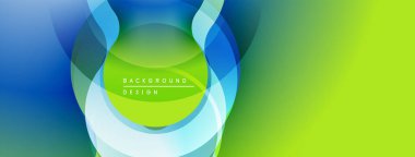 Soyut tasarım katmanlı daireler, canlı maviler, yeşiller. Modern estetik dinamik görsel etki yaratır. Yumuşak eğimler derinliği artırır.
