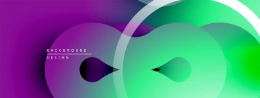Soyut gradyan şekiller çakışıyor, dinamik görsel etki yaratıyor. Mor, yeşil renkler kompozisyona hakim. Modern tasarım ögesi.