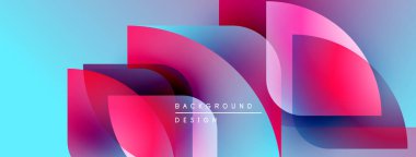 Soyut geometrik şekiller örtüşür, canlı gradyanlar yaratır. Mavi, pembe, mor renkler tasarımda baskın. Modern estetik.