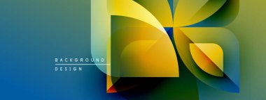 Soyut geometrik şekiller örtüşüyor, canlı renk eğimleri yaratıyor. Mavi, yeşil, sarı ve turuncuya dönüşür. Modern tasarım ögesi.