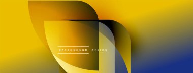 Soyut geometrik şekiller sarı, turuncu, mavi renkleri harmanlarlar. Üst üste binen katmanlar dinamik görsel efekt yaratır. Modern tasarım ögesi.