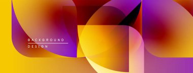 Soyut geometrik şekiller örtüşüyor, canlı renk eğimleri yaratıyor. Sarılar, portakallar, morlar kompozisyona hakim. Modern tasarım ögesi.
