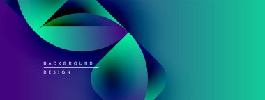 Soyut gradyanlar harmanlanarak dinamik akış yaratır. Modern tasarım üst üste binen şekiller, canlı renkler, pürüzsüz geçişler içerir. Arkaplan yenilik ve enerji öneriyor.