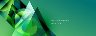 Soyut geometrik şekiller örtüşür, canlı yeşil gradyan arkaplan oluşturur. Modern tasarım elementleri yenilik ve teknoloji öneriyor.