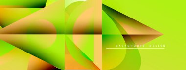 Soyut geometrik şekiller örtüşüyor, canlı yeşil, turuncu gradyanlar yaratıyor. Modern tasarım elementleri dinamik hareketi, pürüzsüz geçişleri önerir.