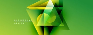 Soyut geometrik şekiller örtüşür, canlı yeşil gradyan arkaplan oluşturur. Modern tasarım elementleri yenilik ve teknoloji öneriyor.