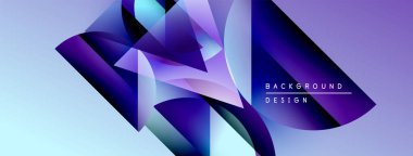 Soyut geometrik şekiller örtüşüyor, canlı mor, mavi renkler yaratıyor. Arkaplan ve sunumlar için modern tasarım ögesi.