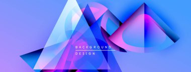Soyut geometrik şekiller örtüşür, parlak mavi, pembe ve mor renkler yaratır. Modern tasarım elementleri teknoloji ve yenilik öneriyor.