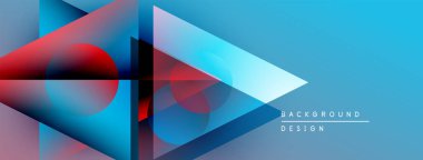 Soyut geometrik şekiller örtüşüyor, canlı mavi ve kırmızı renkler yaratıyor. Modern tasarım teknoloji, yenilik, derinlik öneriyor.