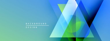 Soyut geometrik arkaplan. Üst üste binen üçgenler canlı renk eğimleri, modern tasarım elementleri yaratır. Mavi, yeşil renkler kompozisyona hakim..