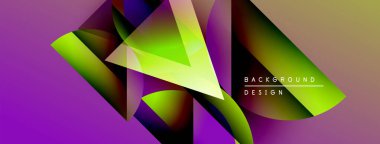 Soyut geometrik şekiller canlı mor, yeşil ve altın rengi harmanlarlar. Modern tasarım dinamik bileşim ve gradyan etkilere sahiptir..