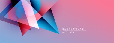 Soyut geometrik şekiller örtüşüyor, canlı renk eğimleri yaratıyor. Pembe, mavi, kırmızı renkler tasarımda baskın. Modern estetik.