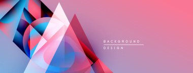 Soyut geometrik şekiller örtüşüyor, canlı renk eğimleri yaratıyor. Pembe arka plan mavi, kırmızı elementleri tamamlar. Modern tasarım estetik.