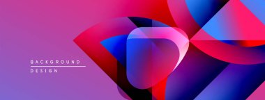 Soyut geometrik şekiller örtüşüyor, canlı renk eğimleri yaratıyor. Mor, arka planda baskın, kırmızı ve mavi renklerde vurgulanıyor. Modern tasarım ögesi.