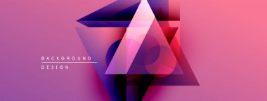 Soyut geometrik şekiller örtüşüyor, canlı pembe, mor renkler yaratıyor. Modern tasarım elementleri teknoloji ve yenilik öneriyor.
