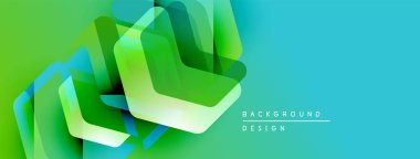 Soyut geometrik şekiller örtüşüyor, canlı yeşil, mavi renkler yaratıyor. Arkaplan ve sunumlar için modern tasarım ögesi.