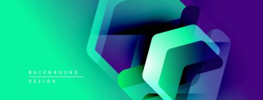 Soyut geometrik şekiller örtüşür, canlı bir değişim etkisi yaratır. Turkuaz, mor renkler tasarımda baskın. Modern arkaplan dokusu.
