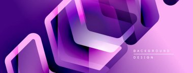 Soyut mor arkaplan katmanlı geometrik şekiller içerir. Altıgenler üst üste binerek dinamik görsel efekt yaratır. Modern tasarım elemanları.