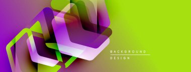 Soyut geometrik şekiller örtüşüyor, canlı renk eğimleri yaratıyor. Sarı, mor, yeşil renkler tasarımda baskın. Modern, dinamik kompozisyon.