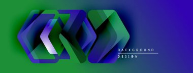 Soyut geometrik şekiller örtüşür, dinamik görsel efekt yaratır. Yeşil, mavi renkler kompozisyona hakim. Metin arkaplan tasarımı okur.