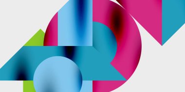 Canlı geometrik şekiller içeren soyut bir kompozisyon. Mavi, pembe, yeşil gradyanlar dinamik görsel ilgi yaratır. Minimalist tasarım, modern estetik.