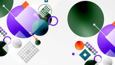 Soyut kompozisyon. Üst üste binen daireler, kareler, noktalar dinamik görsel deneyimler yaratır. Renkler harmanlanır, modern tasarım oluşturulur.